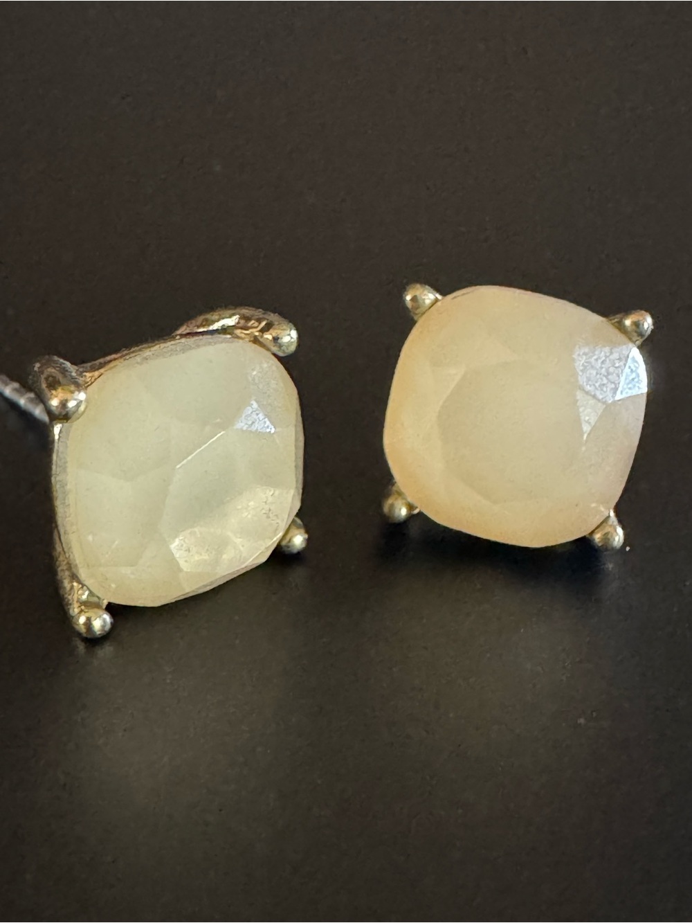 Cushion Cut Opaline Glass Stud Earrings Antique Gold Tone